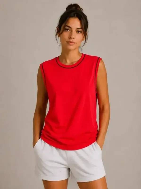Contrast Bound Sleeveless Tank Top Crew Neck Summer Basic Tank Top - Red - BÜYÜKBEDENIZ