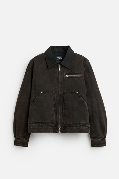 Contrast collar denim jacket, dark brown - 14