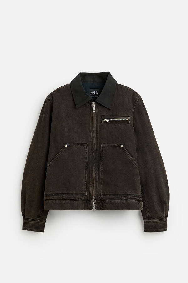 Contrast collar denim jacket, dark brown - 14