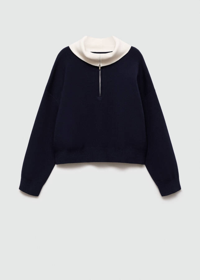 Contrast collar, navy blue sweater. - 13