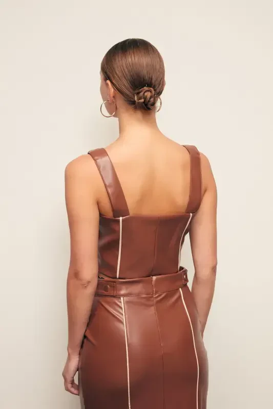 Contrast Leather Crop Blouse - Brown - 6