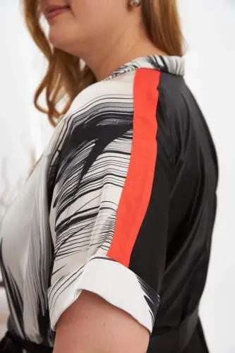 Contrast Patterned Belted Plus Size Kimono Blouse Black - 3