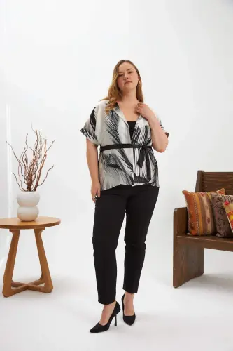 Contrast Patterned Belted Plus Size Kimono Blouse Black - 5