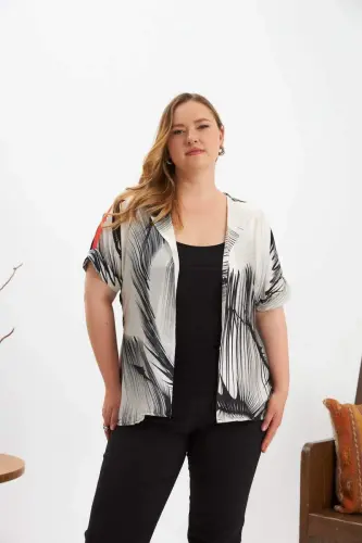 Contrast Patterned Belted Plus Size Kimono Blouse Black - 6