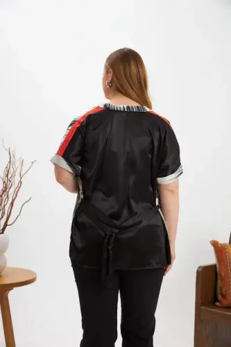 Contrast Patterned Belted Plus Size Kimono Blouse Black - 7