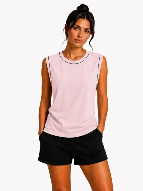 Contrast Trimmed Sleeveless Tank Top Crew Neck Summer Basic Tank Top - Dusty Pink - 2