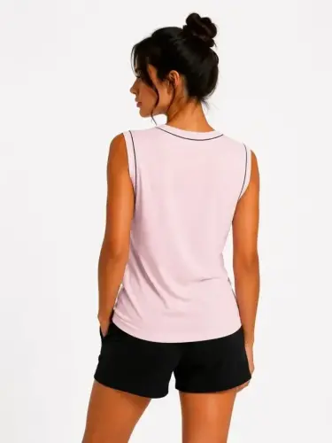 Contrast Trimmed Sleeveless Tank Top Crew Neck Summer Basic Tank Top - Dusty Pink - 3