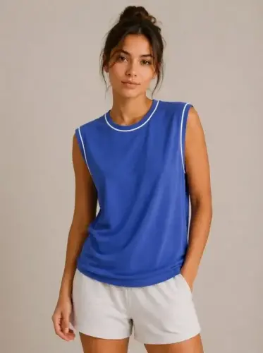 Contrast Trimmed Sleeveless Tank Top Crew Neck Summer Basic Tank Top - Royal Blue - 1