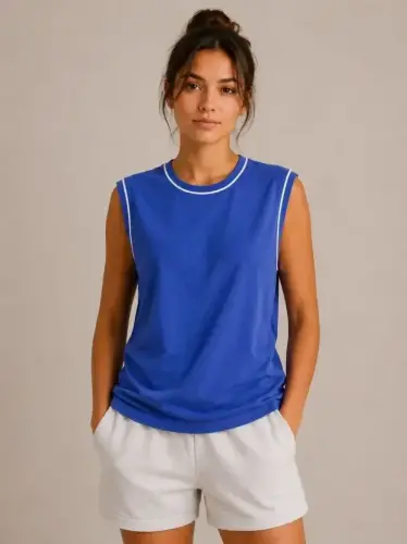 Contrast Trimmed Sleeveless Tank Top Crew Neck Summer Basic Tank Top - Royal Blue - 3