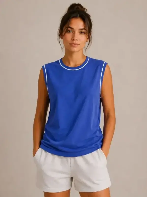 Contrast Trimmed Sleeveless Tank Top Crew Neck Summer Basic Tank Top - Royal Blue - 3