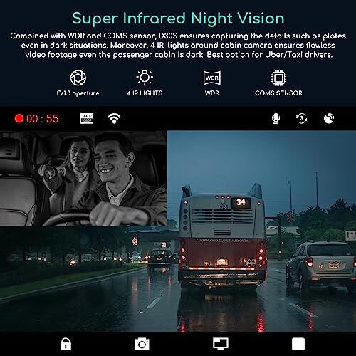 COOAU D30S 4K Dash Cam GPS Wi-Fi bilan, Old va ichki ikki tomonlama 2.5K 1080P, Uber avtomobil kamerasi infraqizil tungi ko'rish bilan, Superkondensator, 4 IR LED, G-Sensor, To'xtash rejimi, Davriy yozuv - 3