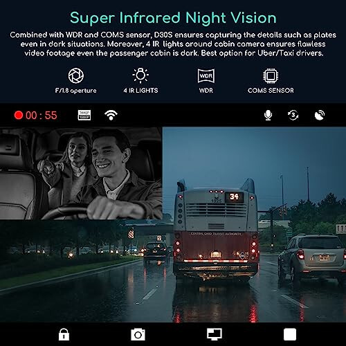 COOAU D30S 4K Dash Cam GPS Wi-Fi ile, Ön ve İç Çift 2.5K 1080P, Uber Araba Kamerası Kızılötesi Gece Görüşü ile, Süper Kapasitör, 4 IR LED, G-Sensör, Park Modu, Döngü Kaydı - 3