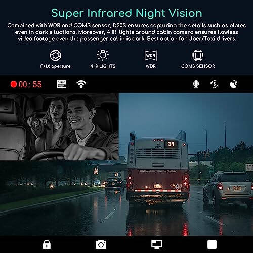 COOAU D30S 4K Dash Cam GPS Wi-Fi ile, Ön ve İç Çift 2.5K 1080P, Uber Araba Kamerası Kızılötesi Gece Görüşü ile, Süper Kapasitör, 4 IR LED, G-Sensör, Park Modu, Döngü Kaydı - 3