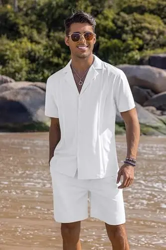 COOFANDY erkaklar 2 qismli short kostyumi Guayabera tugmali ko'ylak kundalik yozgi plyaj kiyimlari - 2