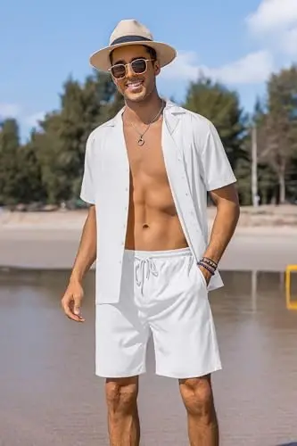 COOFANDY erkaklar 2 qismli short kostyumi Guayabera tugmali ko'ylak kundalik yozgi plyaj kiyimlari - 3
