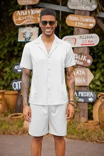 COOFANDY erkaklar 2 qismli short kostyumi Guayabera tugmali ko'ylak kundalik yozgi plyaj kiyimlari - 4