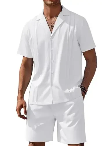 COOFANDY erkaklar 2 qismli short kostyumi Guayabera tugmali ko'ylak kundalik yozgi plyaj kiyimlari - 1