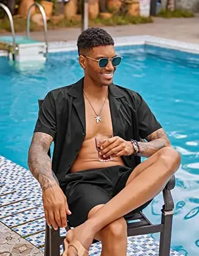 COOFANDY erkaklar 2 qismli shortlar to'plami Guayabera tugmali ko'ylak Kundalik yozgi plyaj kiyimlari - 4