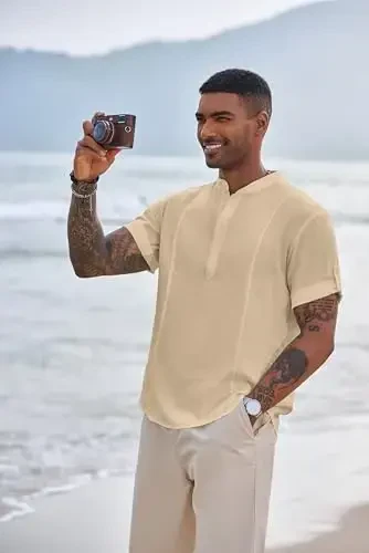 COOFANDY erkaklar Henley futbolkalari Qisqa yengli kundalik tugmachali Henley ko'ylaklar Band yoqali futbolka yozgi plyaj hippi ko'ylaklari - 2