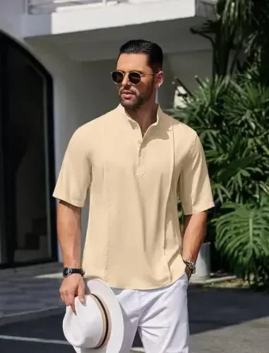 COOFANDY erkaklar Henley futbolkalari Qisqa yengli kundalik tugmachali Henley ko'ylaklar Band yoqali futbolka yozgi plyaj hippi ko'ylaklari - 3