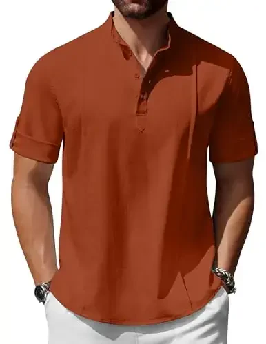 COOFANDY Erkaklar Henley futbolkalari Qisqa yengli kundalik tugmachali Henley ko'ylaklari Band yoqali futbolka Yozgi plyaj Hippie ko'ylaklari - 1