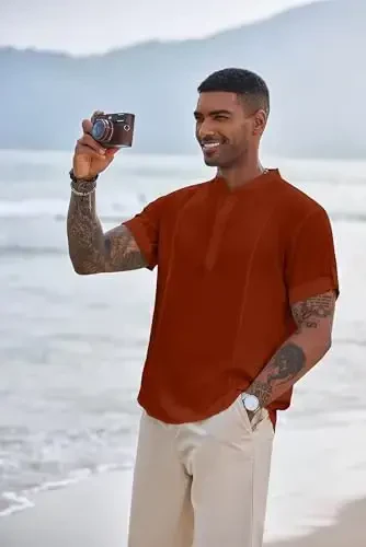 COOFANDY Erkaklar Henley futbolkalari Qisqa yengli kundalik tugmachali Henley ko'ylaklari Band yoqali futbolka Yozgi plyaj Hippie ko'ylaklari - 2