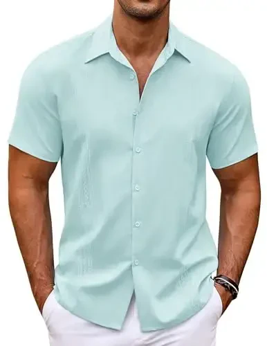 COOFANDY Men's Cuban Guayabera Shirt Short Sleeve Button Down Shirts Casual Summer Beach Shirts - MODAZONE