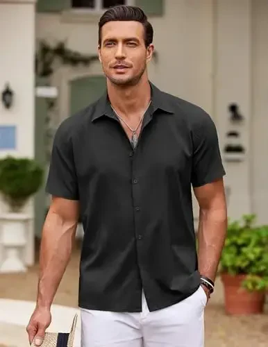 COOFANDY erkaklar Kuba Guayabera ko'ylagi Qisqa yengli tugmali ko'ylaklar Kundalik yozgi plyaj ko'ylaklari - 2