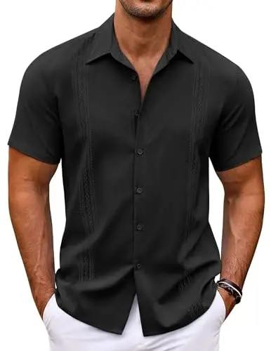 COOFANDY erkaklar Kuba Guayabera ko'ylagi Qisqa yengli tugmali ko'ylaklar Kundalik yozgi plyaj ko'ylaklari - MODAZONE