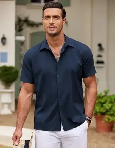 COOFANDY erkaklar Kuba Guayabera ko'ylagi Qisqa yengli tugmali ko'ylaklar Kundalik yozgi plyaj ko'ylaklari - MODAZONE (1)