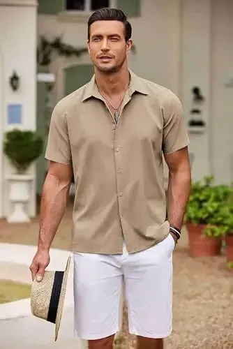 COOFANDY erkaklar Kuba Guayabera ko'ylagi Qisqa yengli tugmali ko'ylaklar Kundalik yozgi plyaj ko'ylaklari - 2