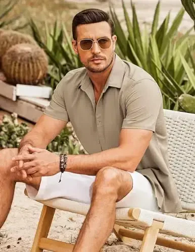 COOFANDY erkaklar Kuba Guayabera ko'ylagi Qisqa yengli tugmali ko'ylaklar Kundalik yozgi plyaj ko'ylaklari - 4