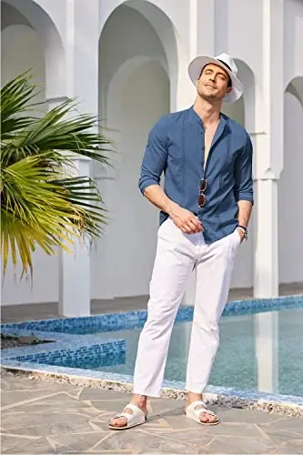 COOFANDY erkaklar Kuba Guayabera ko'ylaklari Kundalik uzun qisma tugmachali ko'ylaklar Band yoqali zig'ir yozgi plyaj ko'ylaklari - 3