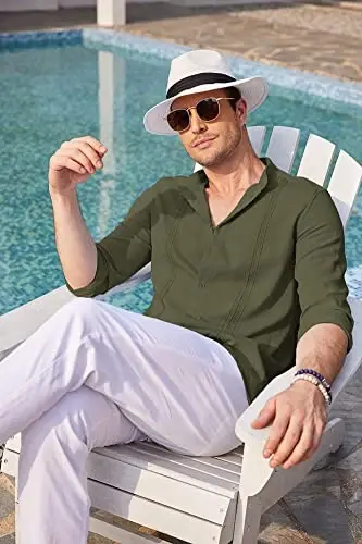 COOFANDY Men's Cuban Guayabera Shirts Casual Long Sleeve Button Down Shirts Band Collar Linen Summer Beach Shirts - COOFANDY (1)