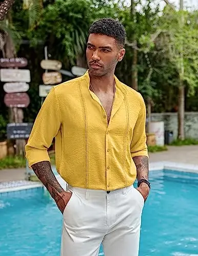 COOFANDY Erkaklar Kuba Guayabera Ko'ylaklari Kundalik uzun yengli tugmali ko'ylaklar Band yoqali zig'ir yozgi plyaj ko'ylaklari - 2