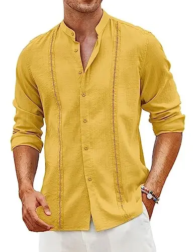 COOFANDY Erkaklar Kuba Guayabera Ko'ylaklari Kundalik uzun yengli tugmali ko'ylaklar Band yoqali zig'ir yozgi plyaj ko'ylaklari 