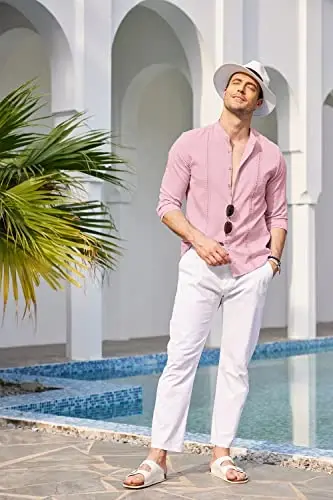 COOFANDY erkaklar Kuba Guayabera ko'ylaklari Kundalik uzun yengli tugmali ko'ylaklar Band yoqali zig'ir yozgi plyaj ko'ylaklari - 3