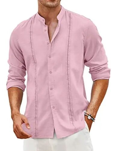 COOFANDY erkaklar Kuba Guayabera ko'ylaklari Kundalik uzun yengli tugmali ko'ylaklar Band yoqali zig'ir yozgi plyaj ko'ylaklari - 1