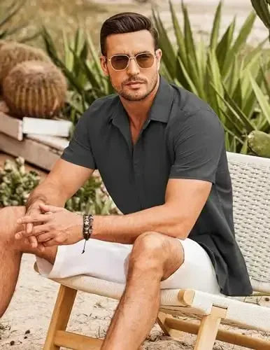 COOFANDY erkaklar kubalik Guayabera ko'ylagi qisqa yengli tugmali ko'ylaklar kundalik yozgi plyaj ko'ylaklari - 4