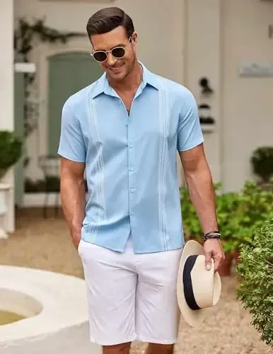 COOFANDY Erkaklar Kubalik Guayabera Ko'ylak Qisqa Yengli Tugmali Ko'ylaklar Kundalik Yozgi Plyaj Ko'ylaklari - 3