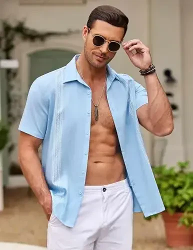 COOFANDY Erkaklar Kubalik Guayabera Ko'ylak Qisqa Yengli Tugmali Ko'ylaklar Kundalik Yozgi Plyaj Ko'ylaklari - 4