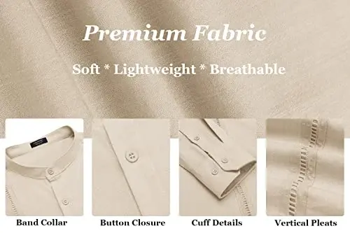 COOFANDY Men's Cuban Guayabera Shirts Casual Long Sleeve Button Down Shirts Band Collar Linen Summer Beach Shirts - 6