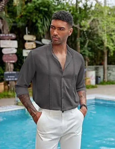 COOFANDY erkaklar Kubalik Guayabera ko'ylaklari Kundalik uzun qisma tugmachali ko'ylaklar Band yoqali zig'ir yozgi plyaj ko'ylaklari - 3