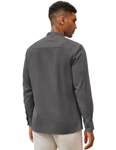 COOFANDY erkaklar Kubalik Guayabera ko'ylaklari Kundalik uzun qisma tugmachali ko'ylaklar Band yoqali zig'ir yozgi plyaj ko'ylaklari - 5