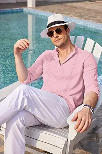 COOFANDY erkaklar Kubalik Guayabera ko'ylaklari kundalik uzun qisma tugmachali yoqali zig'ir yozgi plyaj ko'ylaklari - 2