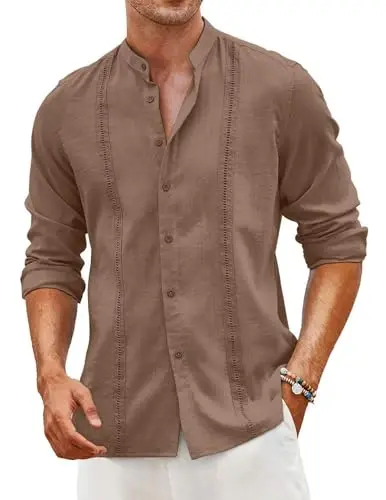 COOFANDY erkaklar Kubalik Guayabera ko'ylaklari Kundalik uzun yengli tugmachali ko'ylaklar Band yoqali zig'ir yozgi plyaj ko'ylaklari 