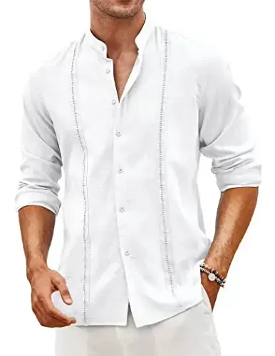 COOFANDY erkaklar Kubalik Guayabera ko'ylaklari Kundalik uzun yengli tugmachali ko'ylaklar Band yoqali zig'ir yozgi plyaj ko'ylaklari - MODAZONE