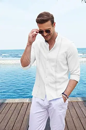 COOFANDY erkaklar Kubalik Guayabera ko'ylaklari Kundalik uzun yengli tugmachali ko'ylaklar Band yoqali zig'ir yozgi plyaj ko'ylaklari - 2