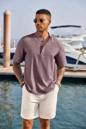 COOFANDY Erkaklar kundalik Henley ko'ylagi Kalta yengli zig'ir ko'ylak Yozgi futbolkalar | Nafas oluvchi zig'irsimon mato, namlikni yutuvchi, tik yoqa, qayrilma yenglar; oson moslashadi, plyaj, ta'til va sovg'alar uchun ajoyib - 3
