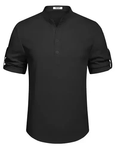 COOFANDY erkaklar kundalik Henley ko'ylagi qisqa yengli yoqali zig'ir ko'ylak yozgi plyaj hippi futbolkalari - 6